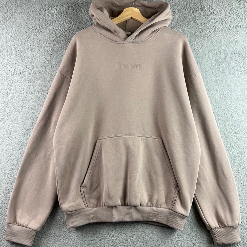 Comfrt Women Oversized Fleece Hoodie Taupe Brown Large Embroidered Logo RN170537